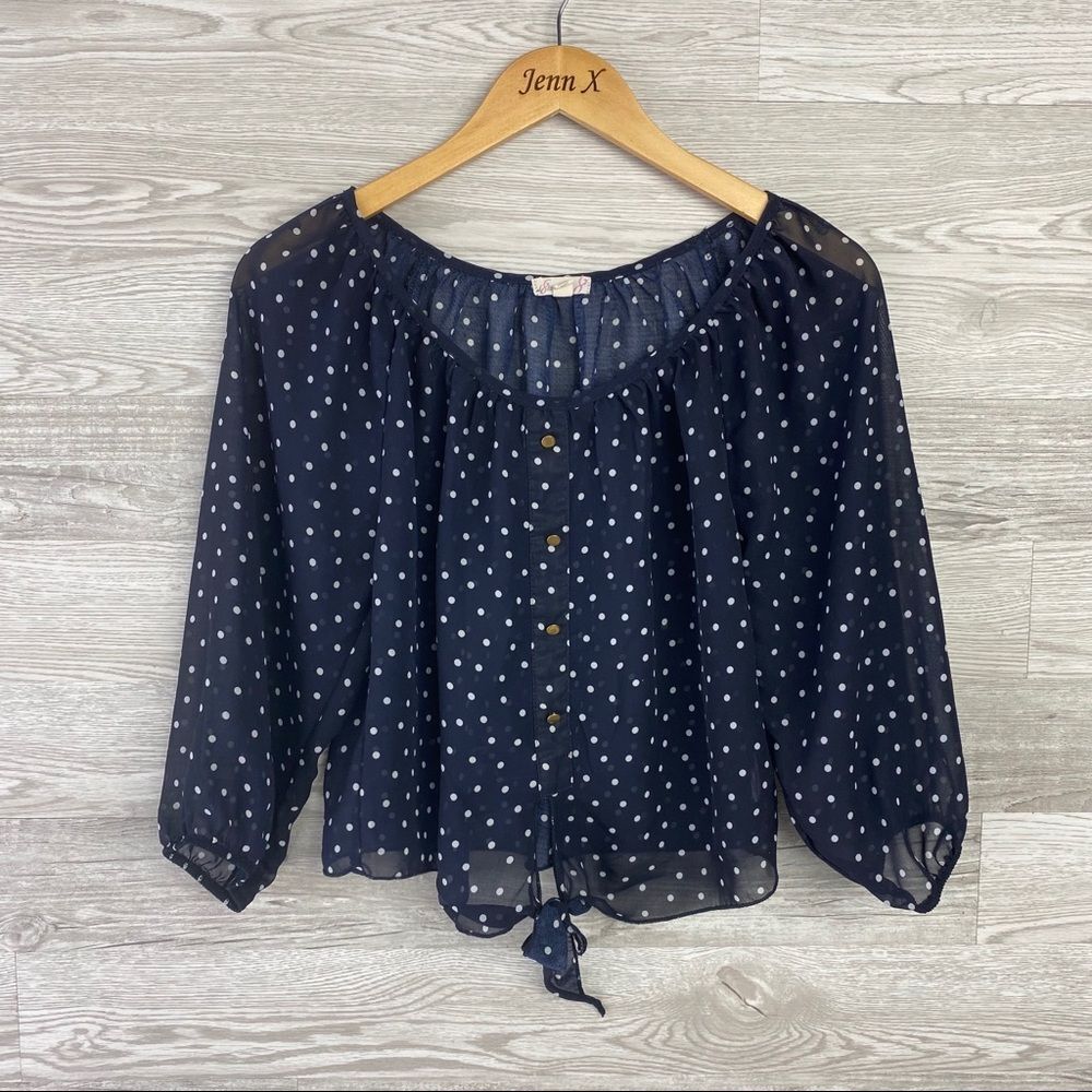L8ter Dark Blue Polka Dot Front Tie Crop Blouse